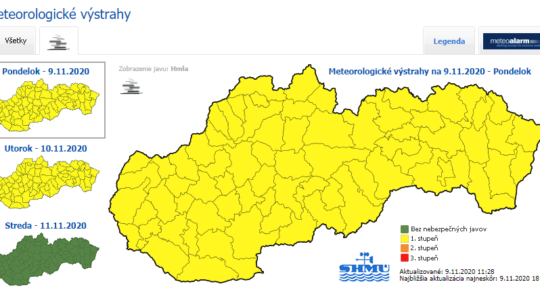 Na Slovensko padla hmla, SHMÚ vydal výstrahu prvého stupňa