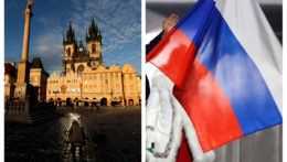Staromestské námestie v Prahe a ruská vlajka.