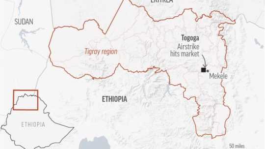 Mapa regiónu Tigraj v Etiópii.