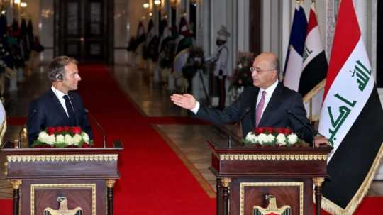 francúzsky prezident emmanuel macron a iracký prezident Barhám Sálih