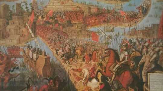 Na snímke obraz ako Hernán Cortés dobýja Aztékov.