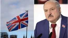 Britská vlajka a Lukašenko.