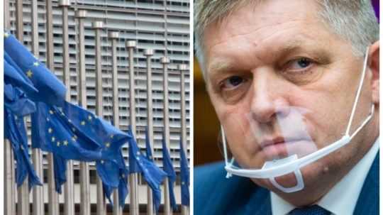 Na snímke Budova Európskej komisie v Bruseli a Robert Fico.