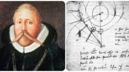 Na snímke astronóm Tycho Brahe a stránka z jeho zápisníka.