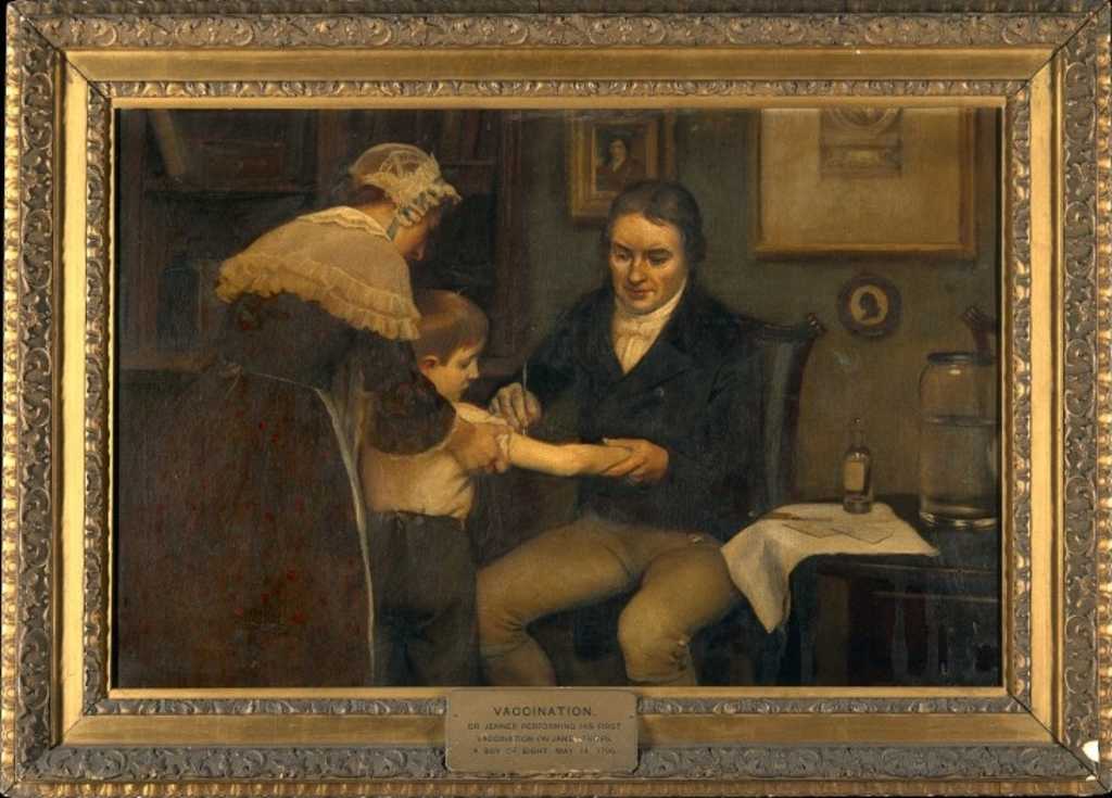 Na snímke je obraz od Ernesta Boarda. Zobrazuje Edwarda Jennera ako očkuje malého chlapca.