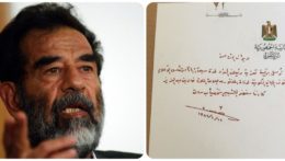 Na kombosnímke Saddám Hussajn a dokument potvrdzujúci jeho funkciu prezidenta Iraku.