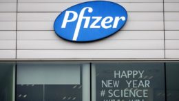 Logo spoločnosti Pfizer v belgickom meste Puurs.