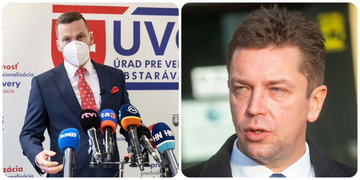 Predseda Úradu pre verejné obstarávanie Miroslav Hlivák (vľavo) a minister dopravy Andrej Doležal (nom. Sme rodina).