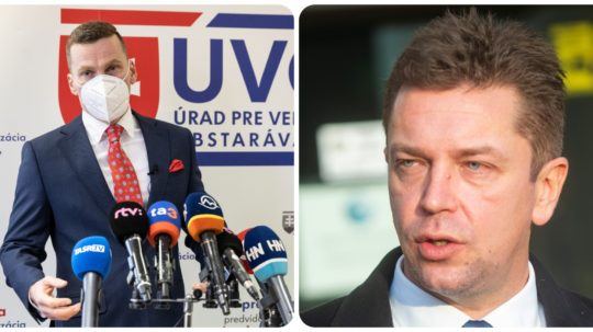Predseda Úradu pre verejné obstarávanie Miroslav Hlivák (vľavo) a minister dopravy Andrej Doležal (nom. Sme rodina).