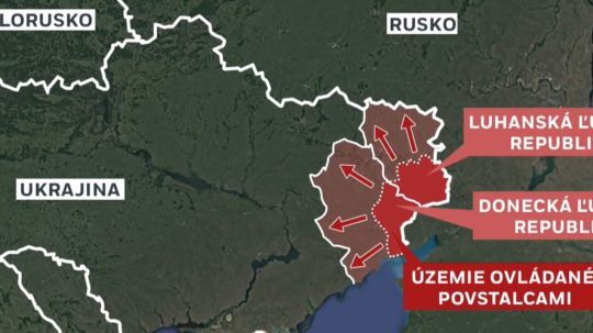 Mapa Ukrajiny a územia ovládaného proruskými separatistami.