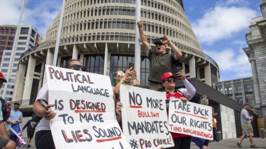 Demonštranti držia plagáty a podporujú konvoj blokujúci cesty neďaleko novozélandského parlamentu vo Wellingtone.