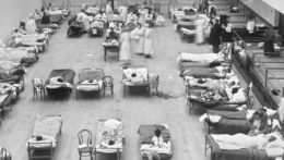 Na snímke z roku 1918 z knižnice amerického Kongresu dobrovoľné zdravotné sestry Červeného kríža sa starajú o pacientov v mestskom auditóriu v kalifornskom meste Oakland, ktoré je zmenené na dočasnú nemocnicu počas pandémie chrípky.