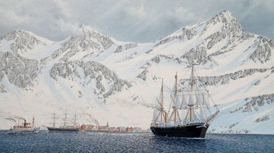 Shackletonova loď Endurance vyplávala z prístavu na ostrove Južná Georgia 5. decembra 1914 (olejomaľba od Georgea Cummingsa).