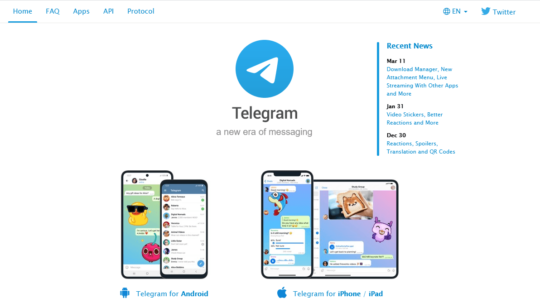 Webová stránka sociálnej siete Telegram.