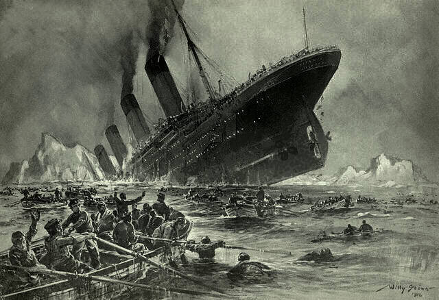 Maľba Willyho Stöwera (Untergang der Titanic, 1912) znázorňujúca potápajúci Titanic.