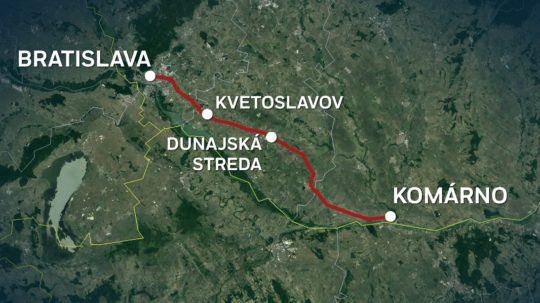 Mapa železničnej trate z Bratislavy do Komárna.