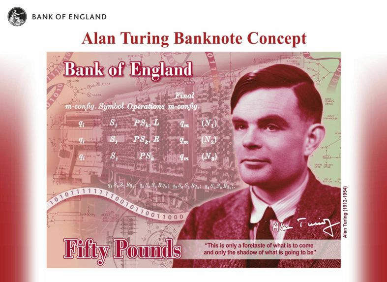 Alan Turing na nedatovanej snímke britskej 50-librovej bankovky.