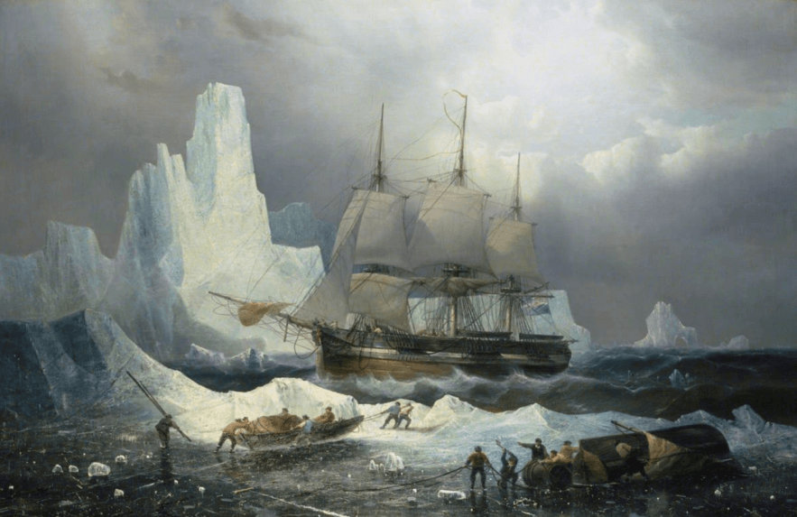 Na olejomaľbe od Françoisa Etienna Musina loď Erebus zakliesnená v ľade. 