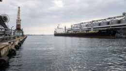 Pohľad na prístav Odesa, na mori je nákladná loď a na brehoch prekladací žeriav a zásobníky s obilím