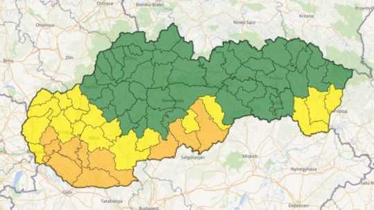 Na snímke je mapa Slovenska s výstrahami SHMÚ na štvrtok 14. júla.