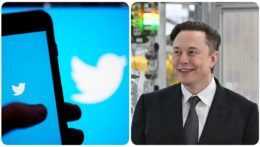 Na snímke zľava logo aplikácie twitter v mobile a šéf Tesly Elon Musk.