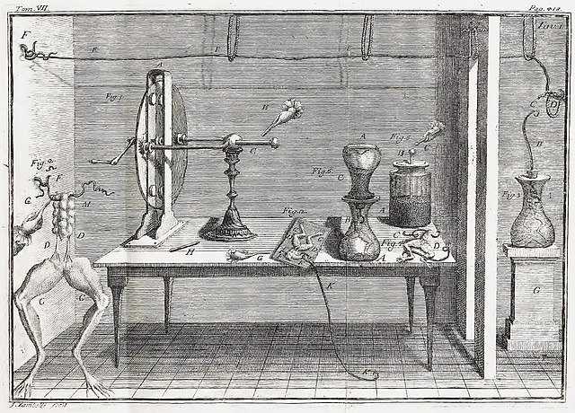 Ilustrácia experimentu Luigiho Galvaniho.