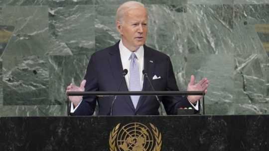 Americký prezident Joe Biden počas prejavu na 77. Valnom zhromaždení OSN v New Yorku.