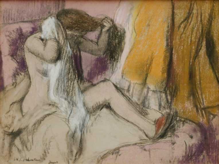 Obraz zobrazuje nahú umývajúcu sa ženu