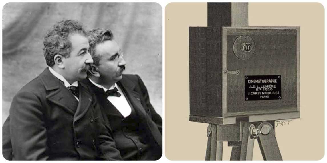 Na snímke vľavo bratia Lumièrovci a vpravo ich vynález kinematografu.