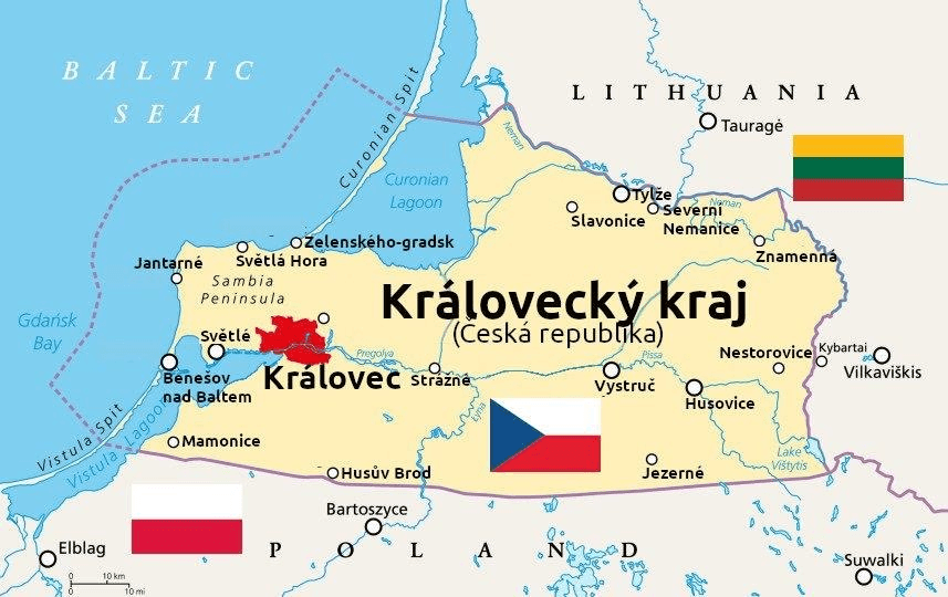 Fiktívna mapa, ktorá územie ruskej exklávy Kaliningrad pripisuje Česku.
