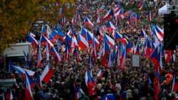Na snímke mávajú na Václavskom námestí ľudia českými vlajkami.
