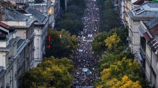 Protest na podporu učiteľov v Budapešti.