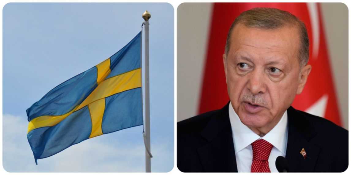 Švédska vlajka a turecký prezident Recep Tayyip Erdogan.