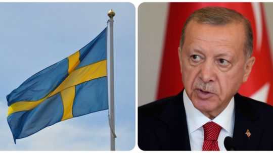 Švédska vlajka a turecký prezident Recep Tayyip Erdogan.