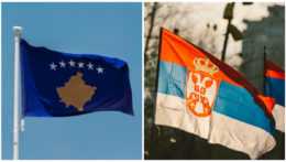 Na ilustračnej snímke sú vlajky Kosova a Srbska.