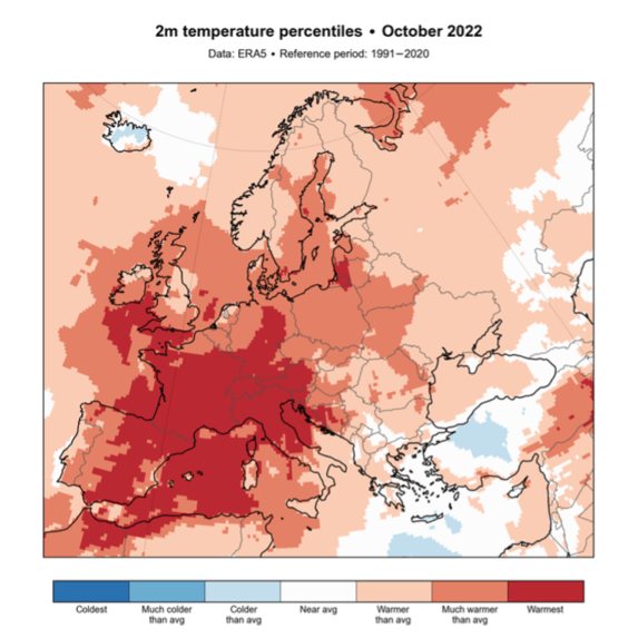 Na mape sú vyobrazené výkyvy teplôt v Európe v októbri 2022 v porovnaní s dlhodobým priemerom z obdobia 1991 - 2020.