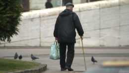 Na snímke kráča dôchodca s paličkou a nákupnou taškou