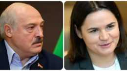 Bieloruský prezident Alexandr Lukašenko a aktivistka Sviatlana Cichanovská.