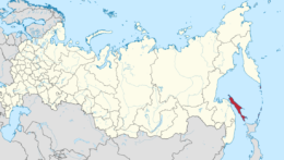Na snímke Rusko s vyznačenou červenou časťou, ktorá označuje ostrov Sachalin.