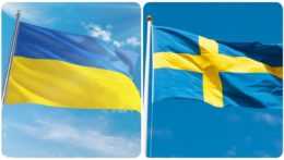 Na snímke je vľavo vlajka Ukrajiny, vpravo vlajka Švédska.