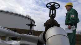 Inžinier z maďarskej ropnej a plynovej spoločnosti MOL, kontroluje prívodné zariadenie z ropovodu Družba.