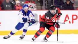 Na snímke slovenský hokejista Libor Nemec bráni kanadského hokejistu Connora Bedarda.