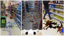 Snímky z obchodu po zemetrasení v Rumunsku 14. februára 2023.