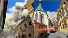 Na snímke je požiar historickej budovy v Banskej Štiavnici.