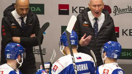 Tréneri Craig Ramsay a Ján Pardavý dávajú pokyny hráčom v zápase Česko - Slovensko.