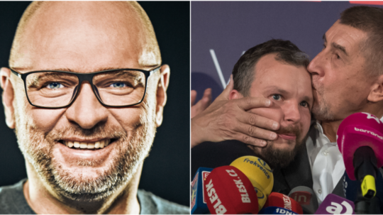 Vľavo kampaňová fotografia Richarda Sulíka. Na snímke vpravo Andrej Babiš so šéfom sociálnych sietí Marekom Prchalom.