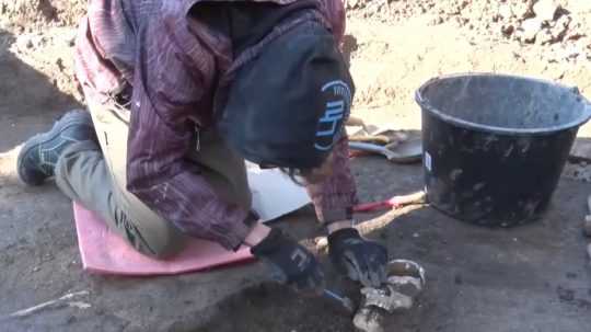 archeologička čistí nájdenú ľudskú kostru