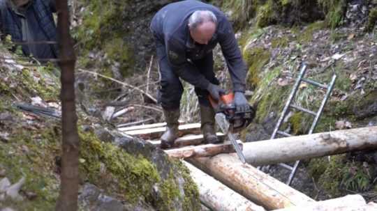 Na snímke pracovník s pomocou motorovej píly opravuje stupačky v Slovenskom raji