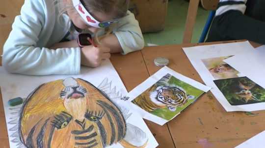 Na ilustračnej snímke dieťa kreslí obrázok podľa predlohy.