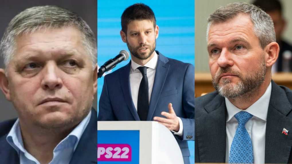Vľavo predseda strany Smer-SD Robert Fico, v strede predseda Progresívneho Slovenska Michal Šimečka a vpravo predseda Hlas-SD Peter Pellegrini.